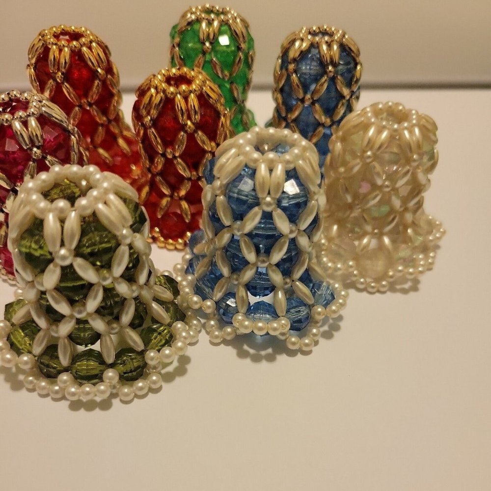 8 Vintage 1980's Pearl Beaded Handmade BELL CHRISTMAS ORNAMENTS green blue red - Picture 2 of 7